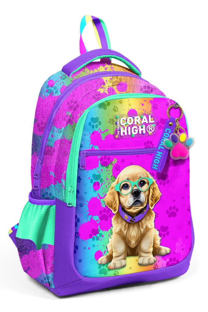 Sac à dos d'école à trois compartiments Coral High Kids à motif chien violet et rose 23649