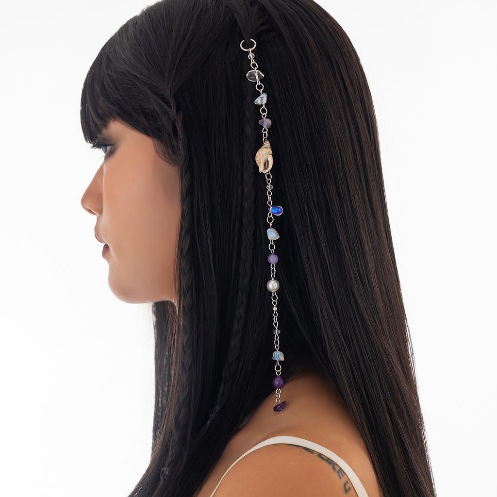 Ocean Vacation Style Conch Fringed Hair Accessories, Simple Irregular Gravel Long Chain Braided Hairpin
