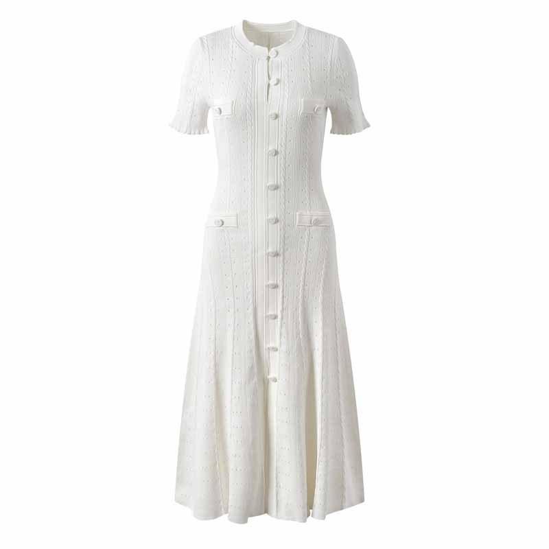 

White Short Sleeve Button Front Stand Collar Zipper Fitted Dress L