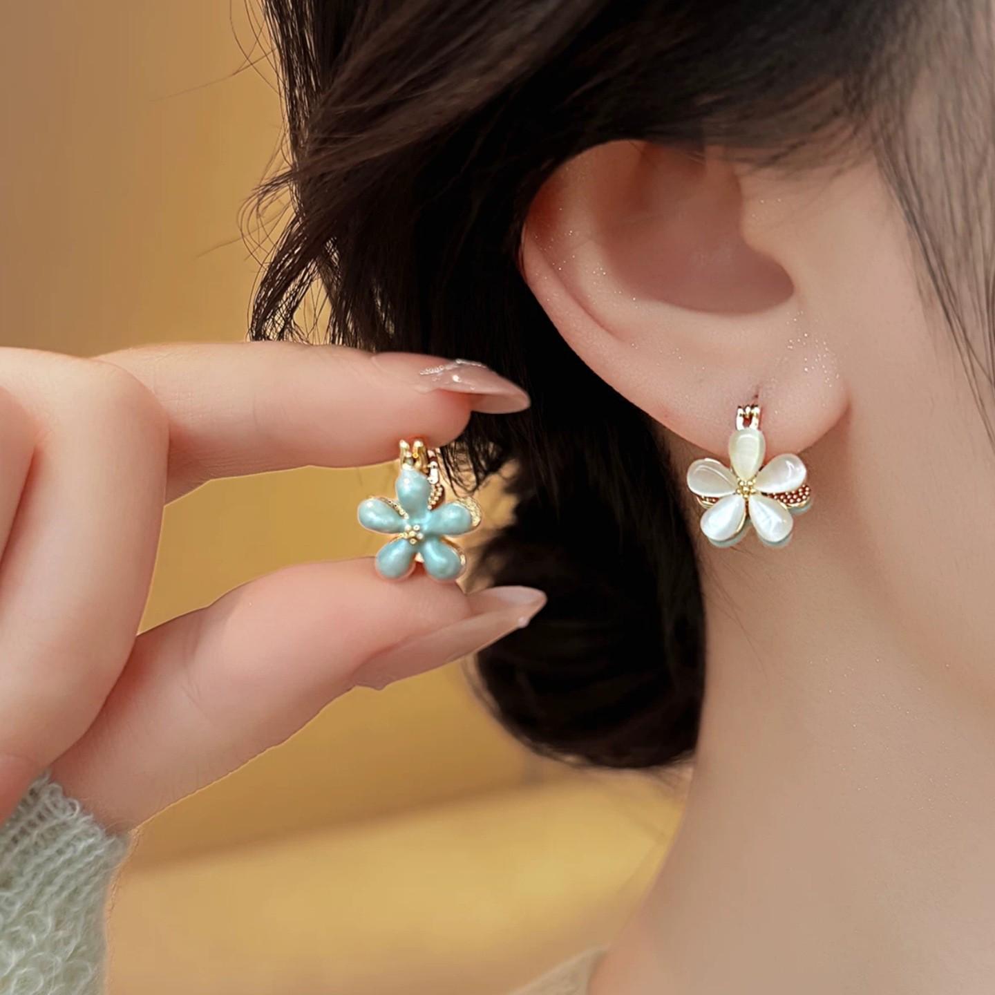 French Blue Enamel Double-Sided Cat s Eye Flower Earrings - Fresh, Gentle, and Versatile Accessory