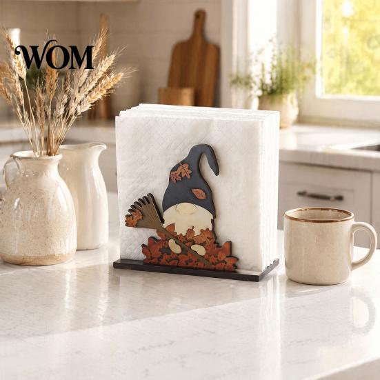 Autumn Kitchen Countertop Organizer Thanksgiving Solid Wood Napkin Holder, Fall Harvest Gnome Scarecrow Turkey Tissue Rack Dispenser, Waterproof