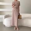 Cross-border Spring High-end Knitted Suit Fashion Polo Collar Buttons + Slim-fit Medium and Long Skirt Knitted Two-piece Set for Women