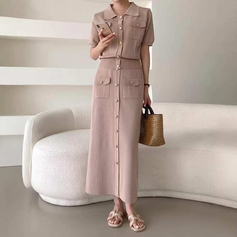 Cross-border Spring High-end Knitted Suit Fashion Polo Collar Buttons + Slim-fit Medium and Long Skirt Knitted Two-piece Set for Women