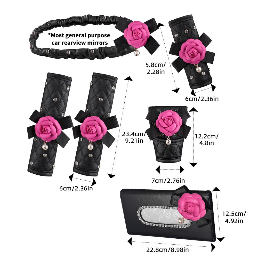 6Pcs Crystal Camellia Car Accessories Set Auto Seat Belt Cover Shoulder Pad Shift Handbrake Rearview Mirror Cover Tissue Box