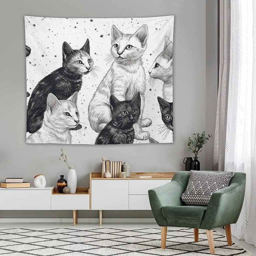 Black White Kitten Wall Hanging Tapestry Vintage Bedroom Decor Porch Background Living Room Wall Poster