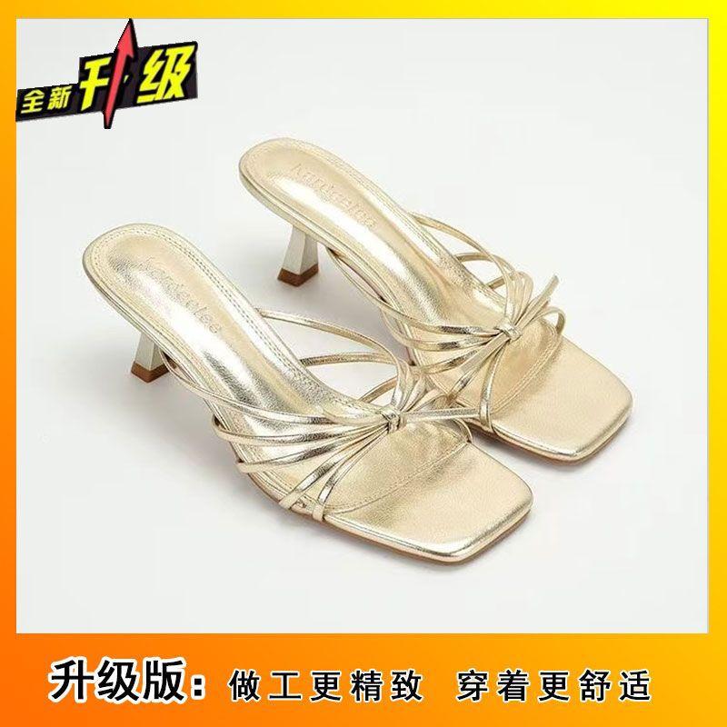 

2025 square head open-toed three-color thin strap bow holiday sandals summer wear temperament socialite cool slippers women 40