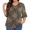 Women's Fashion Casual Retro Printed V-Neck Seven-Point Sleeve Ruffle Sleeve T-Shirt Tops Plus Size Women's