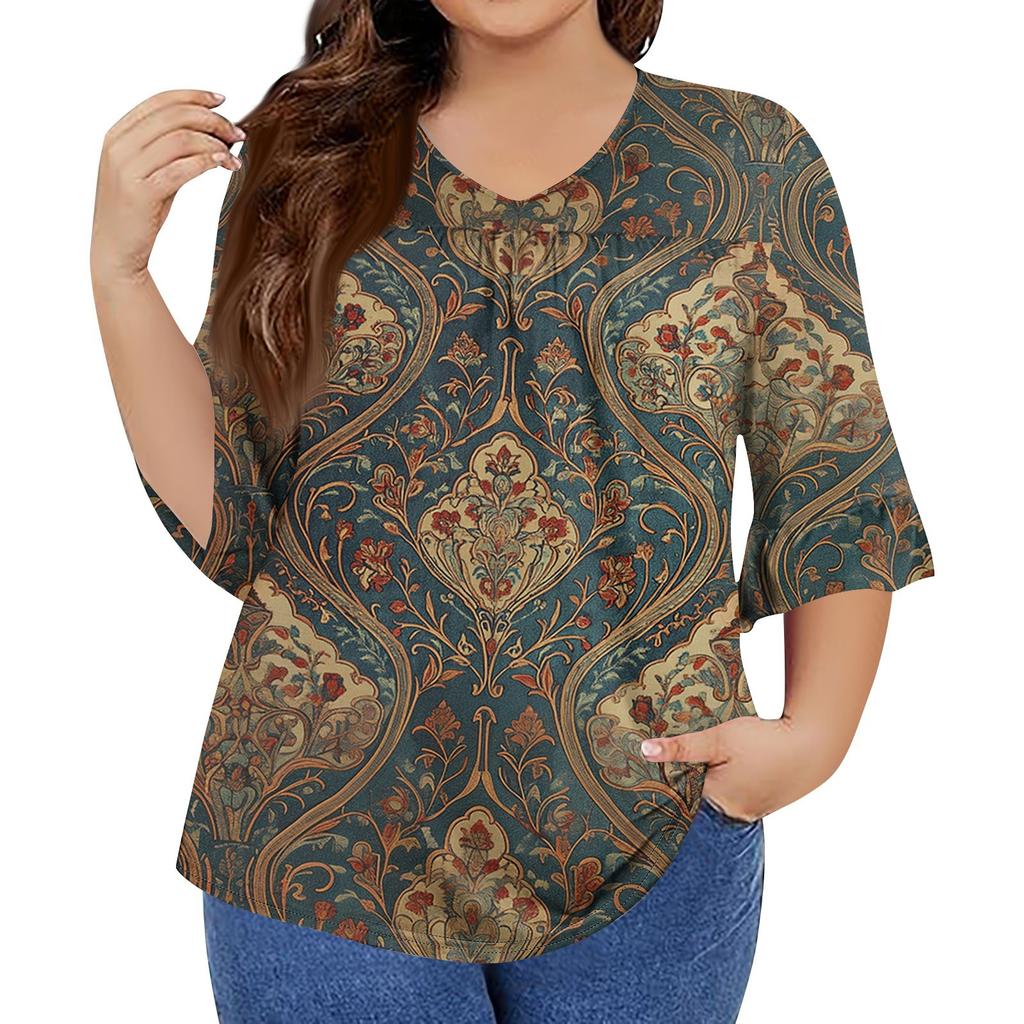 Women's Fashion Casual Retro Printed V-Neck Seven-Point Sleeve Ruffle Sleeve T-Shirt Tops Plus Size Women's