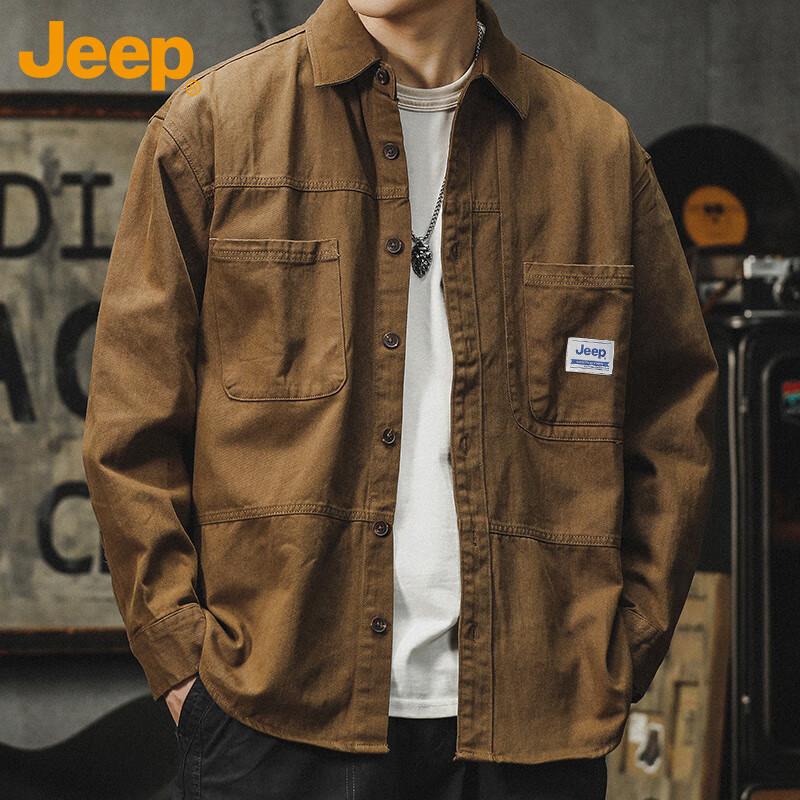 Jeep Men's Long Sleeve Shirt Autumn Winter Workwear Casual Jacket Loose Fit Deep Khaki 2XL