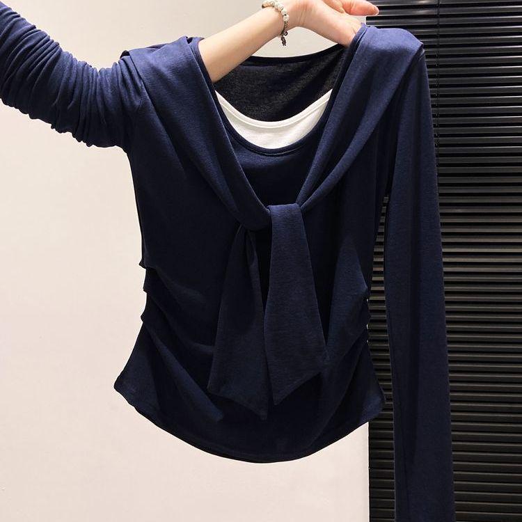 

Korean Style Faux Two-Piece Long-Sleeve Shawl T-Shirt for Women - Spring/Autumn Layering Top M тёмно-синий