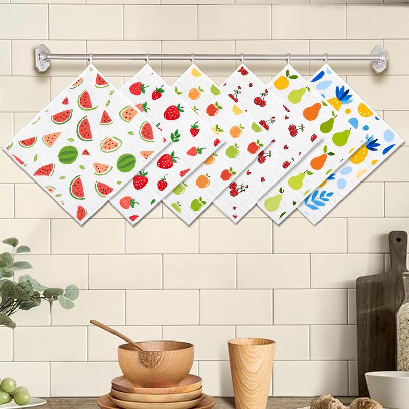 6Pcs Kitchen Swedish Dishcloths Eco-Friendly Reusable Dish Towels Absorbent Biodegradable Cleaning Wipe Soft Washable Dish Rags Fruits Printing