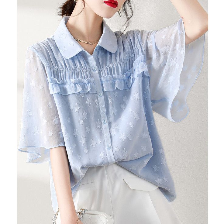 Chiffon Top Damen Sommermode Rüschen Locker und Vielseitig Nischen Chic Shirt