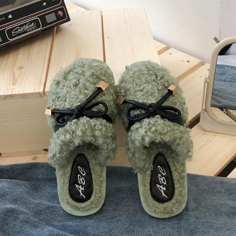 Autumn and winter Baotou hairy slippers, fashionable bow flat bottom anti slip wooden floor cover, foot hair mop
