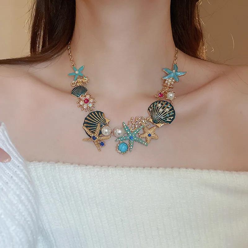 Marine Series Starfish Shell Coral Pendant Necklace for Women Luxury Imitation Pearl Rhinestone Chain Necklaces Boho Jewelry F