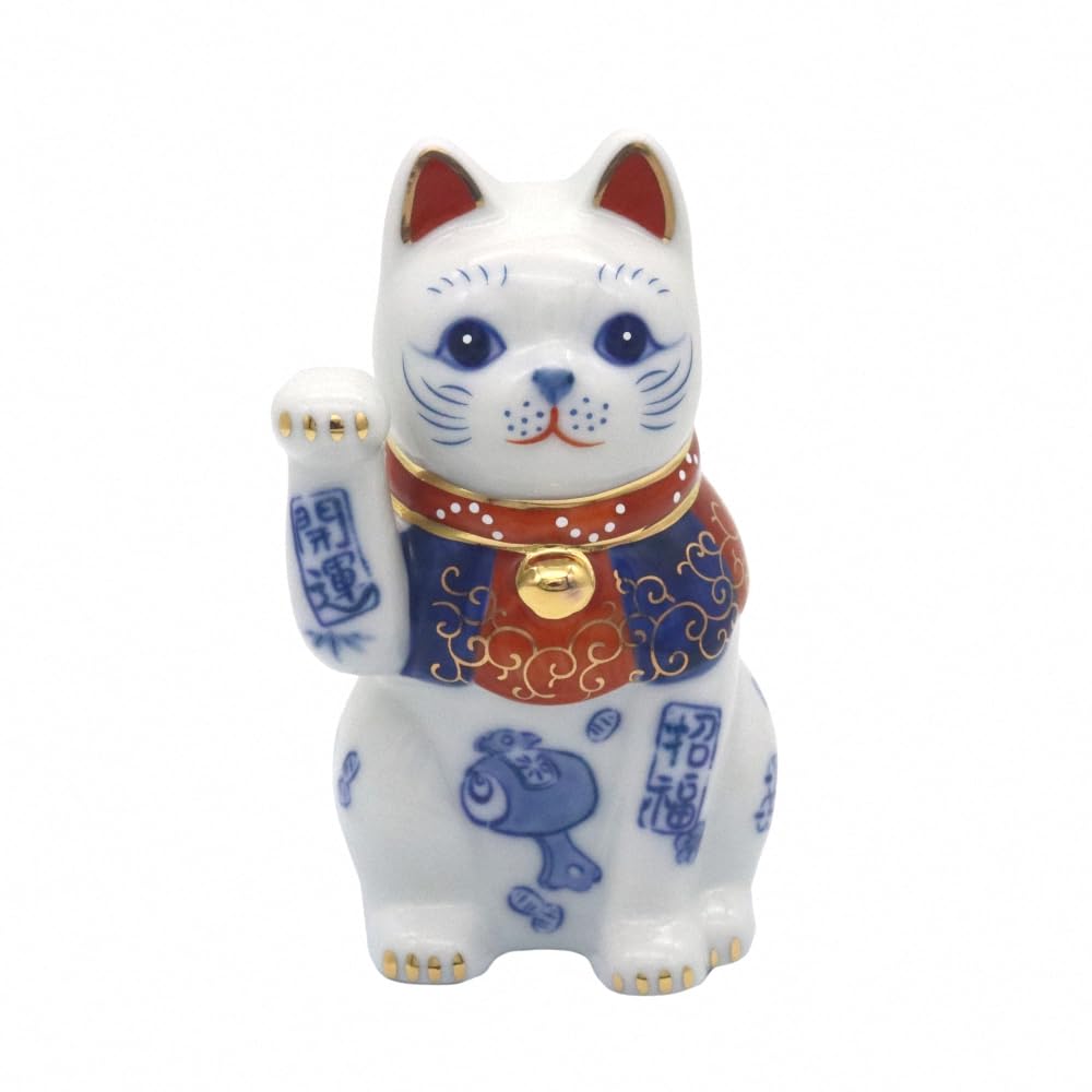 Yakushigama paw blue and white good fortune and prosperity good luck Maneki-neko (beckoning cat) (right raised, 3.5 inch), porcelain, (with sticker)