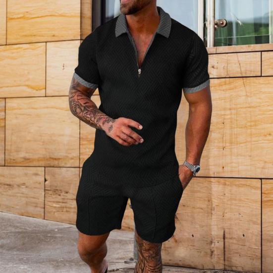 2 Pcs/Set Men Shirt Shorts Set Zip Neckline Lapel Solid Color Short Sleeves