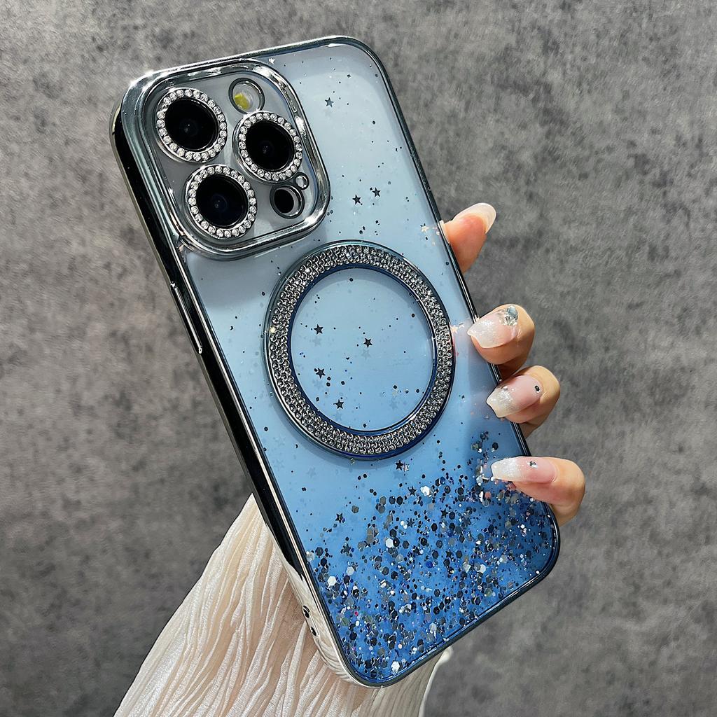 For iPhone 14 Pro Max Magnetic Case Glitter Shockproof TPU + PC Phone Cover Bling Rhinestone