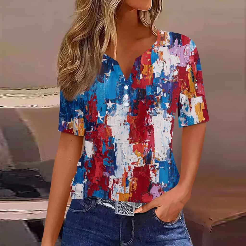 Women's T Shirt Independence Day Print Button Short Sleeve Daily Weekend Fashion Basic V- Neck Regular Top