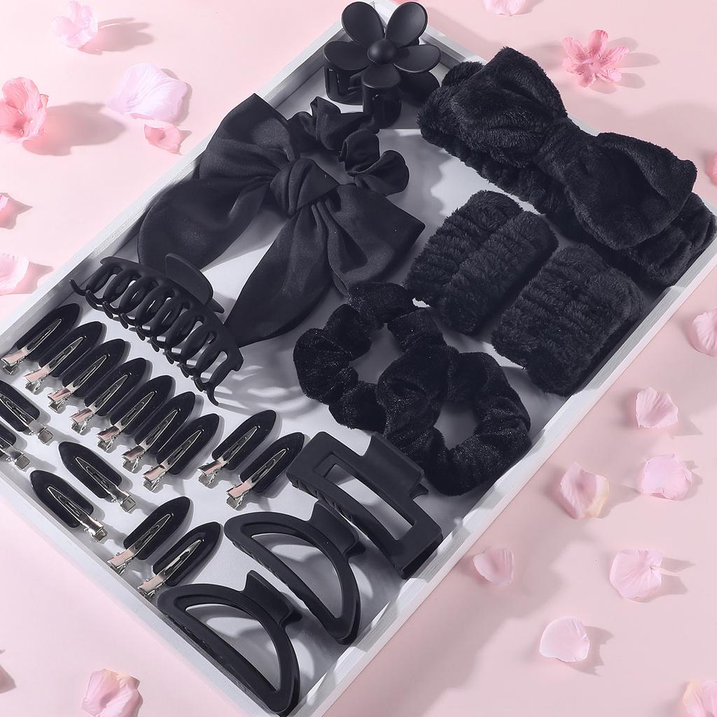 26ks Sada dámských černých sponek do vlasů Elastická čelenka Velká matná spona do vlasů Bezšvé držáky na culík Gumičky do vlasů