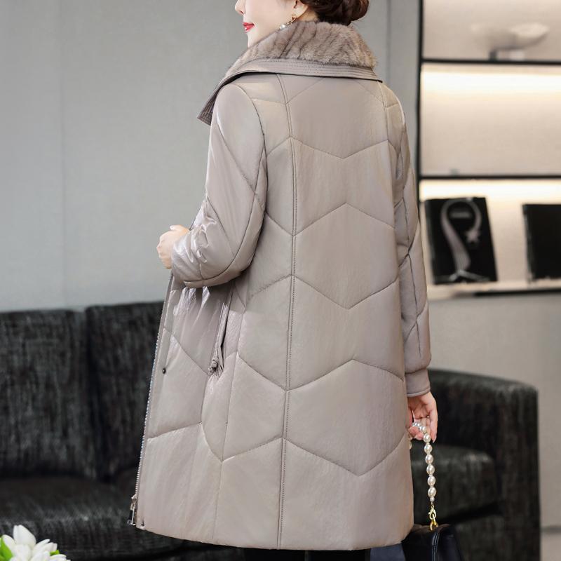 Middle Age Woman Winter Long Faux Sheepskin Coats Fur Collar Elegant Thick Warm Winter Parkas Female Leather Jacket