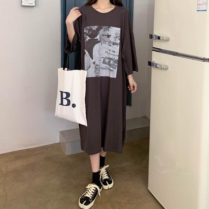 Damen Kurzarm T-Shirt Kleid Sommer Knielang Über Knie Kleid Zeig Schlank Kleid