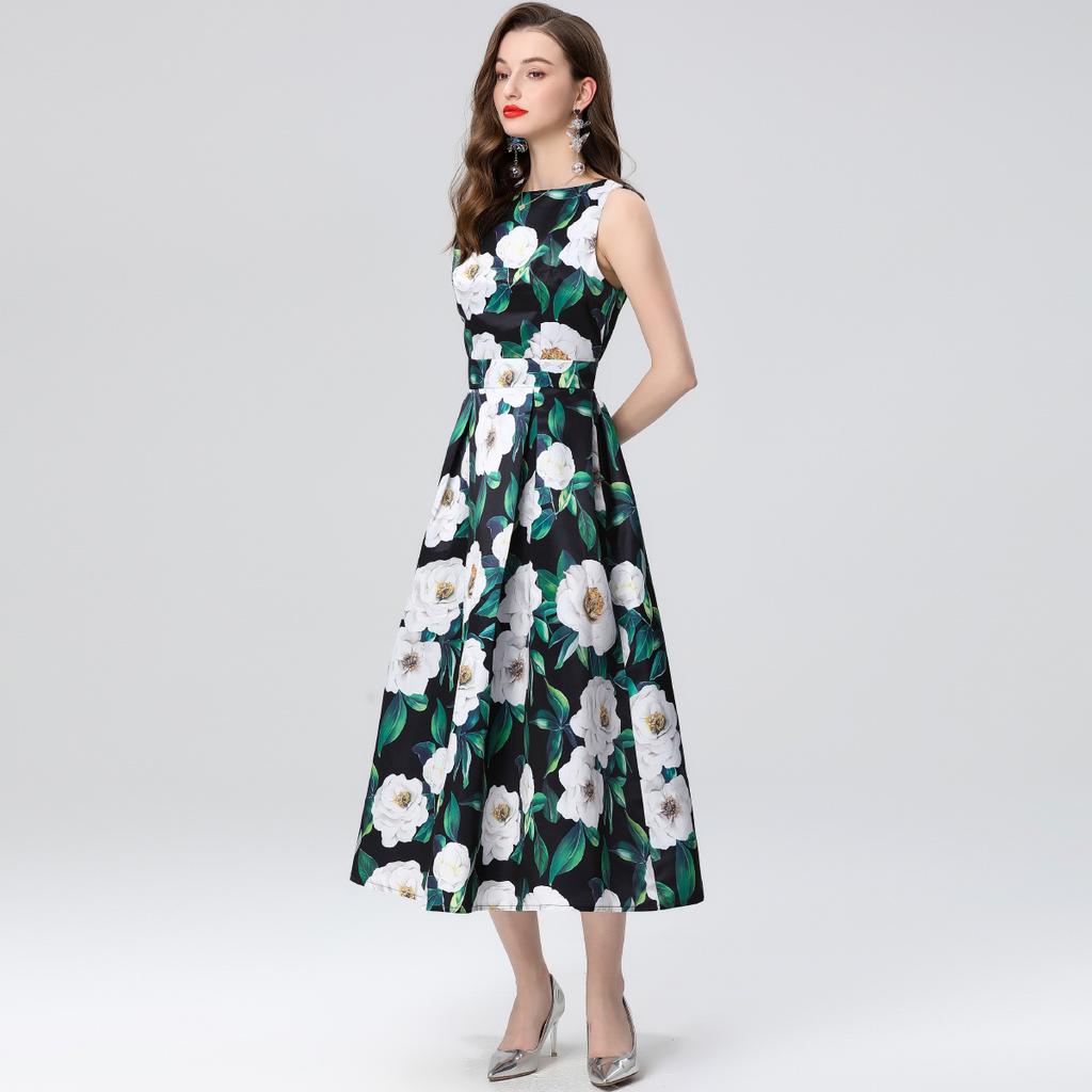 Summer Women Fashion European Style Elegant Sleeveless Print Long Maxi Tank Party Dresses