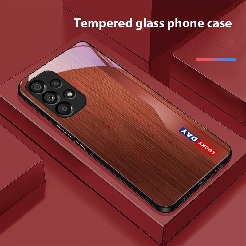 Wood Grain Striped For Samsung Galaxy S 8 9 10 20 Plus 21 FE 22 23 24 Ultra S7 Edge Black Tempered Glass Phone Case Hard Shell