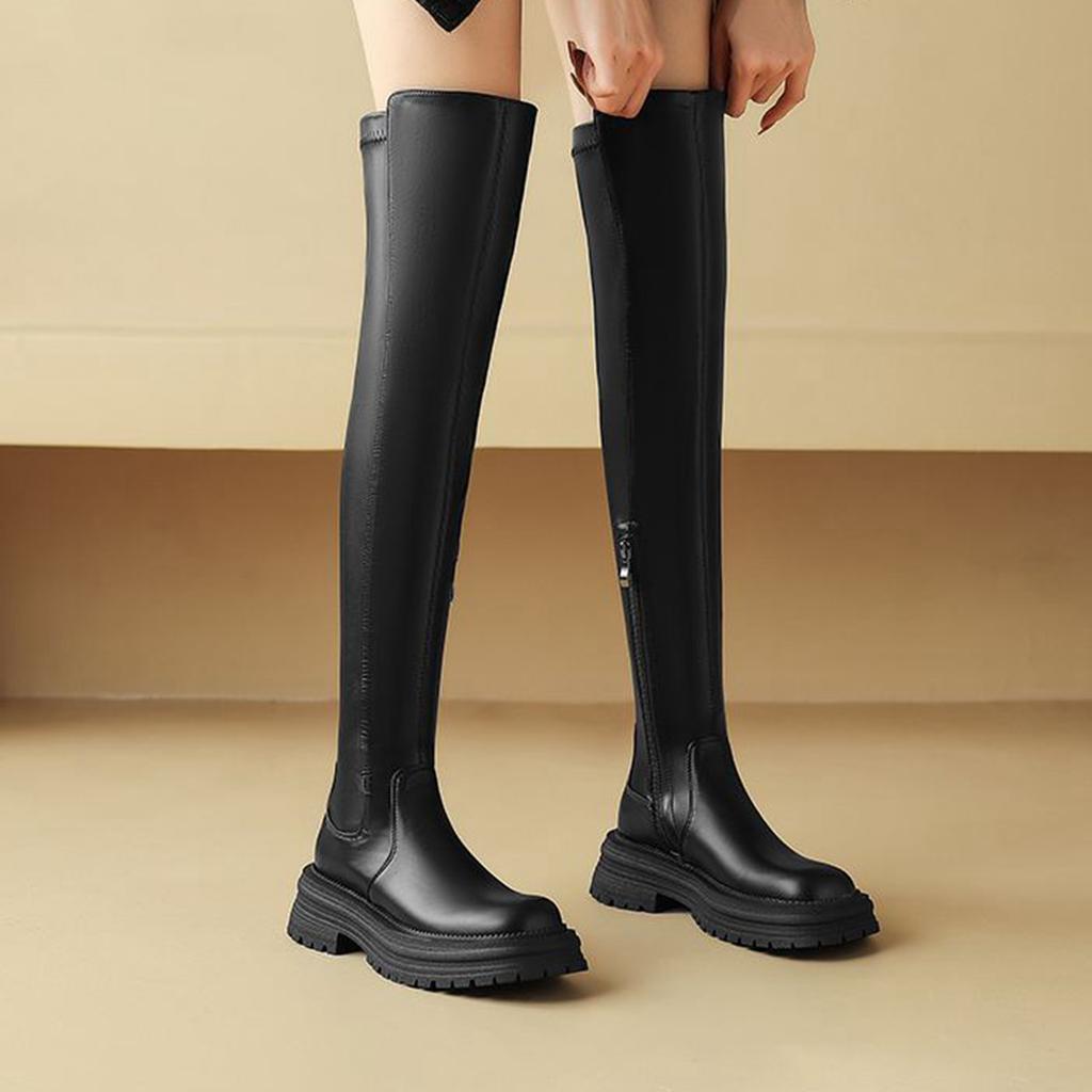Krazing Pot Microfiber Autumn Winter Shoes Med Heels Flat Platform Size 42 Over-the-knee Boots Slip on Elastic Thigh High Boots