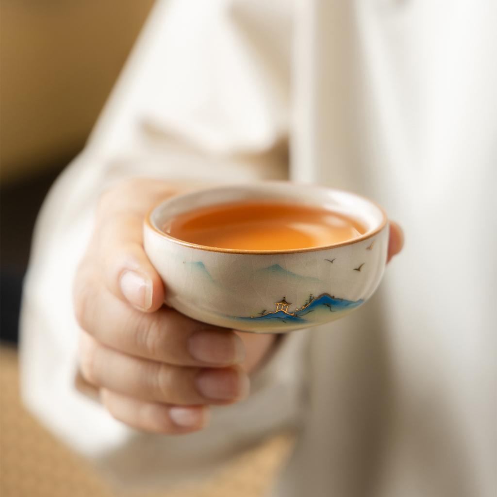 High-end Ru kiln new Qianli Jiangshan ceramic set tea set gift box, high-end souvenir gifts for leaders and elders