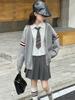 Girls' Autumn Preppy JK Shirt, Pleated Skirt, and Cardigan Set
