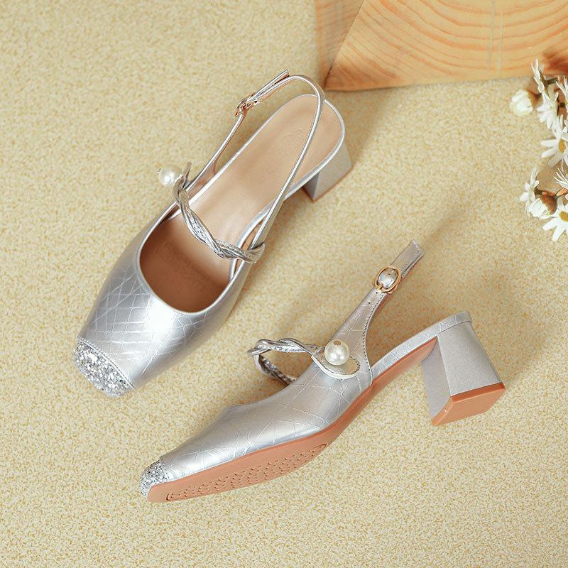 French Mary Jane bag head sandals women's thick heel 2025 new summer silver word with square head empty high heels