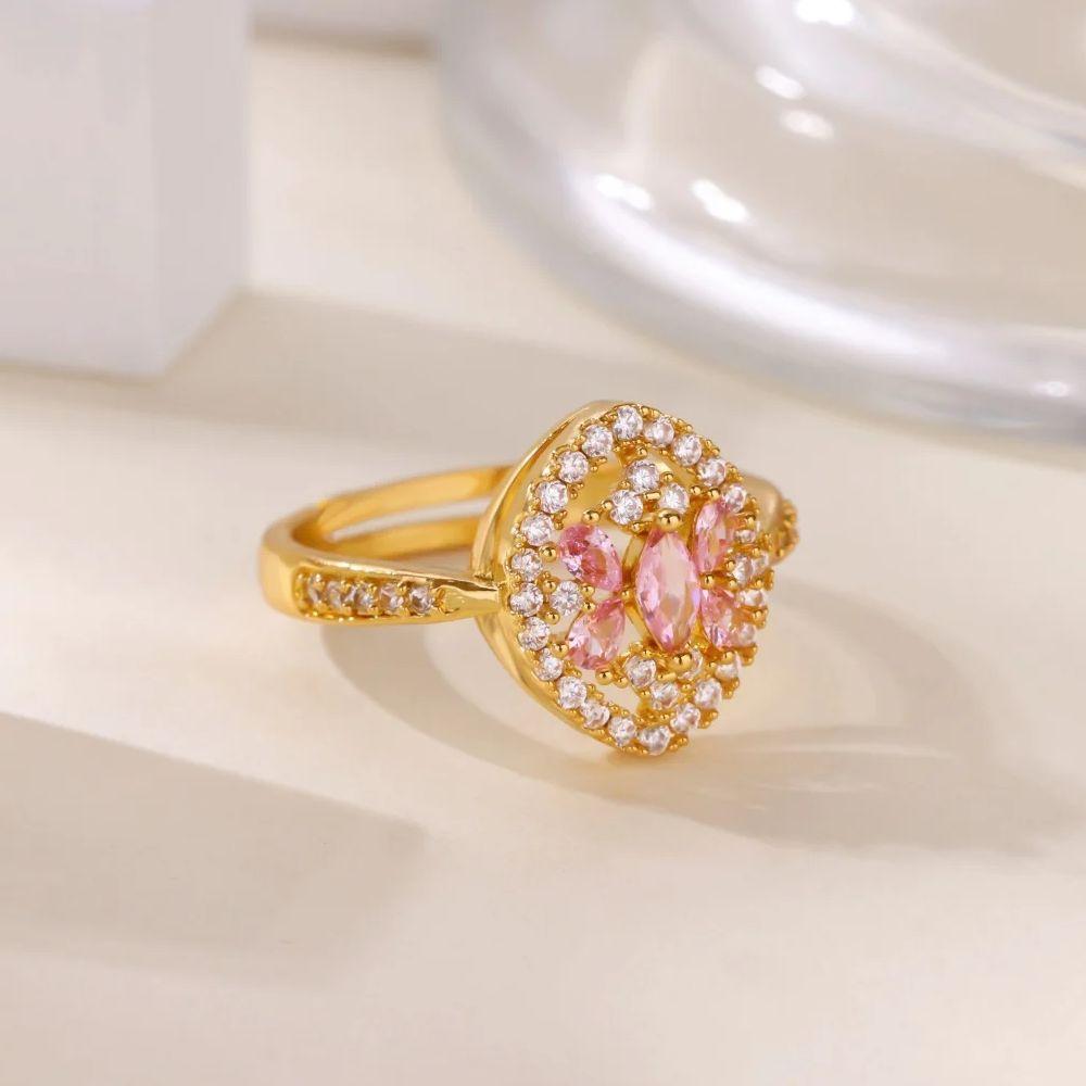 Pink Zircon Stainless Steel Ring for Women 18K Gold-plated Anti Fading Open Ring Wedding Jewelry Prom Accessories Christmas Gift