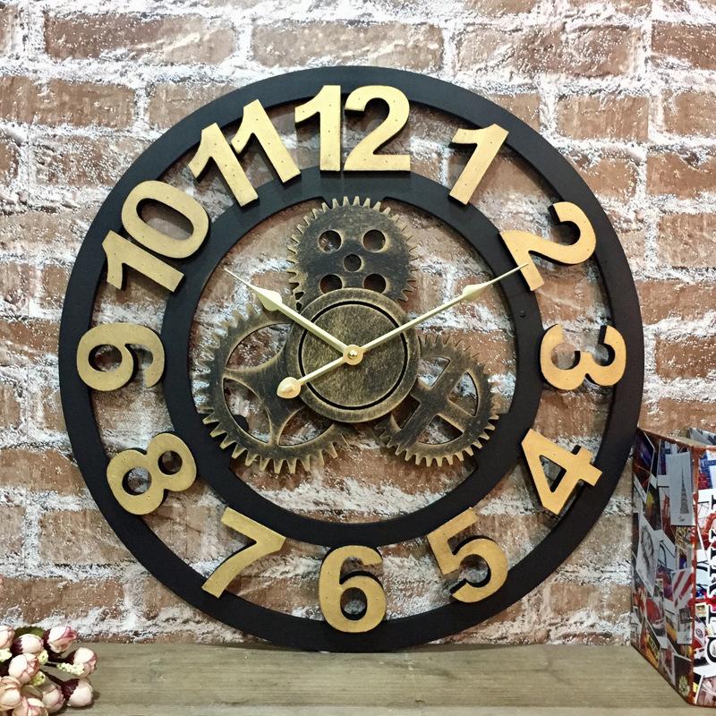 Orologio da parete appeso retrò con ingranaggi americani stile industriale in legno silenzioso decorazione cassetto soggiorno orologio da parete creativo