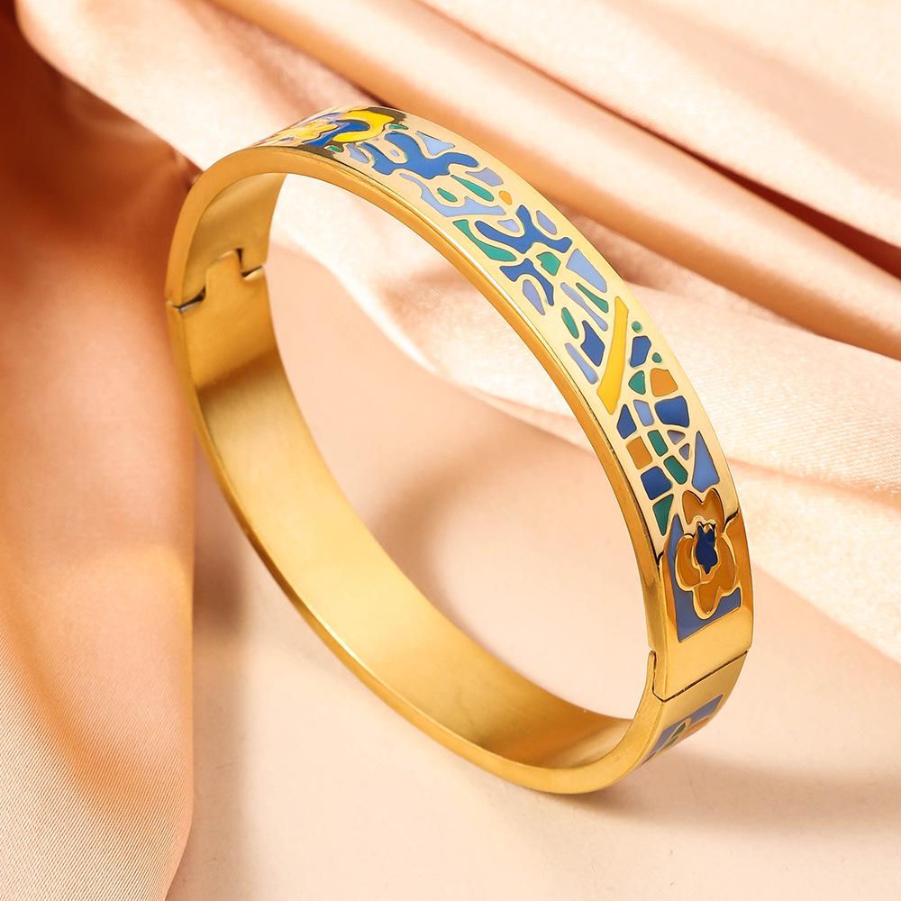 Geometrisches Emaille-Armband: Damen Europäischer & Amerikanischer Stil, 18 Karat Goldbeschichteter Titanstahl