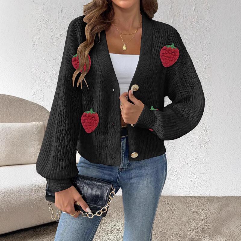 Damen Neuer Herbst Winter Wolle Dreidimensional Erdbeere Spleißen Niedlicher Stil Pullover Strickjacke Knopf Jacke
