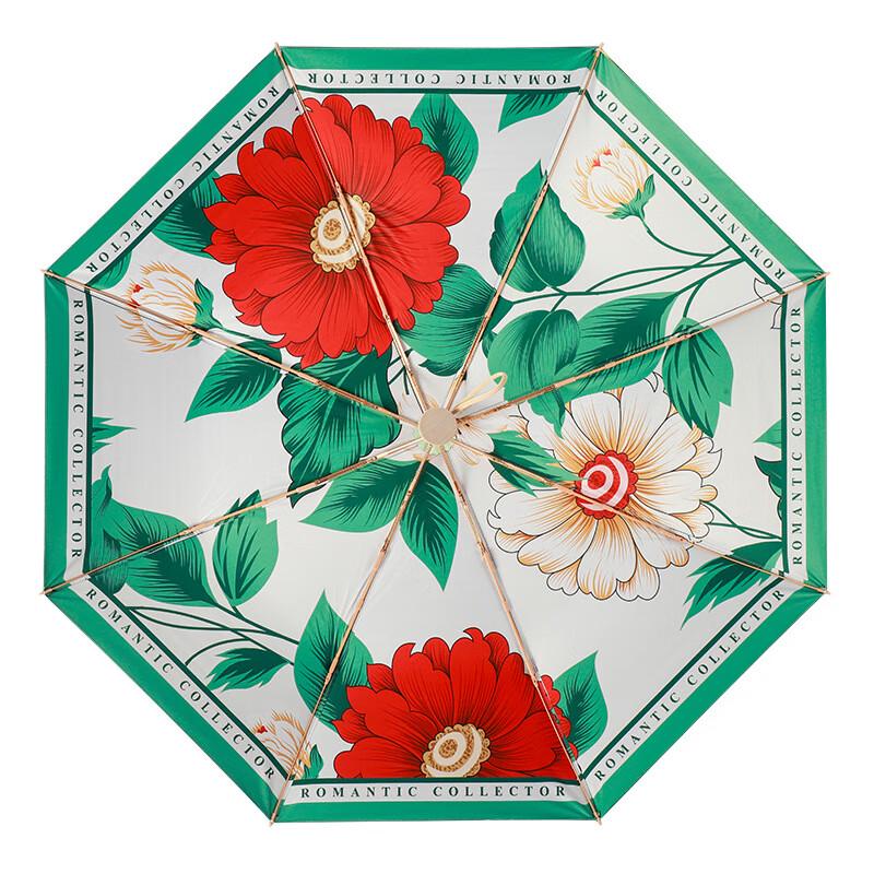 Elegant Floral Tri-fold Sun & Rain Umbrella with Gold Rod & Wood Handle