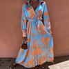 Women's Casual Fashion V Neck Long Sleeve Printed Pleated Dress Sundress