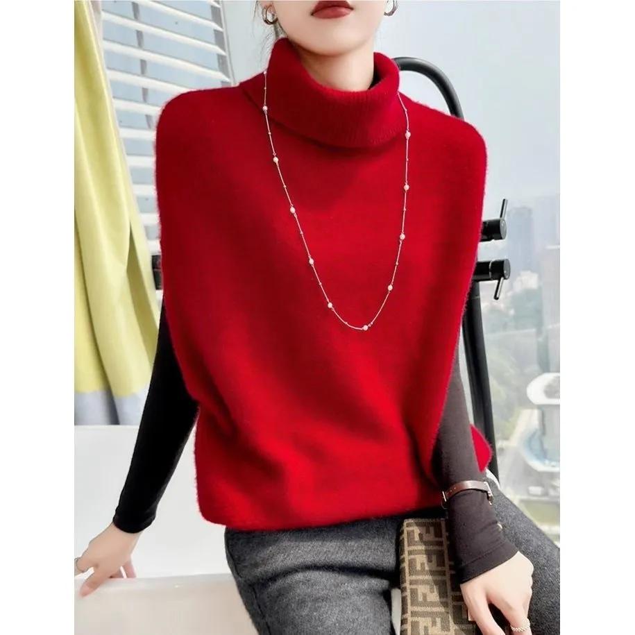 Women's Autumn and Winter Solid Color Short Knit Bat Sleeve Top High Neck Commuter Sweater