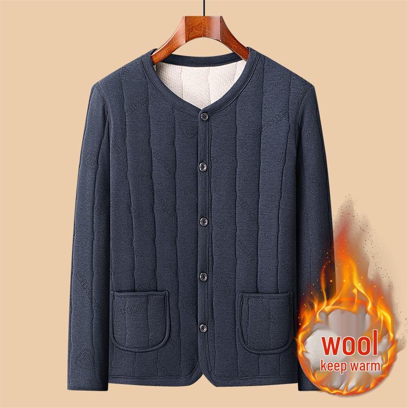 

Men s Winter Wool Cardigan & Velvet Warm Underwear Set - Middle-aged & Elderly Cotton Jacket & Grandpa s Coat 2XL темно-синього кольору