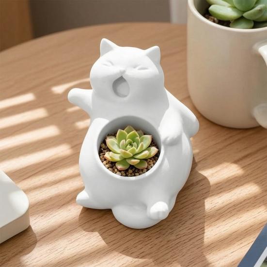 Flowerpot Yawning Cat Shape Integrated Molding Plant Pot Indoor Gardening Plant Holder Home Office Garden Healing Decor
