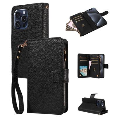 Artificial Leather Zipper Lychee Pattern Phone Case for Iphone16 15 14 Pro Max Plus 13 1211Pro Mini 7 8 XS Clamshell Wallet Case