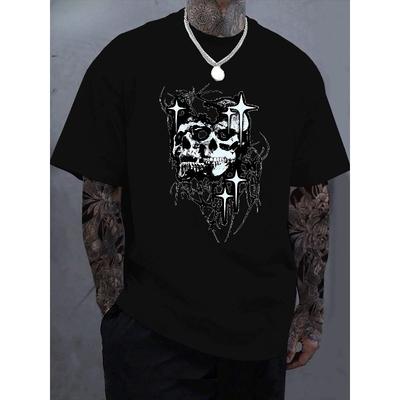 Taglie Europee T-shirt da Uomo con Design Streetwear Gotico Edgy - Maglietta a Maniche Corte Girocollo, Stampa Teschio e Ossa per Uso Casual, Palestra