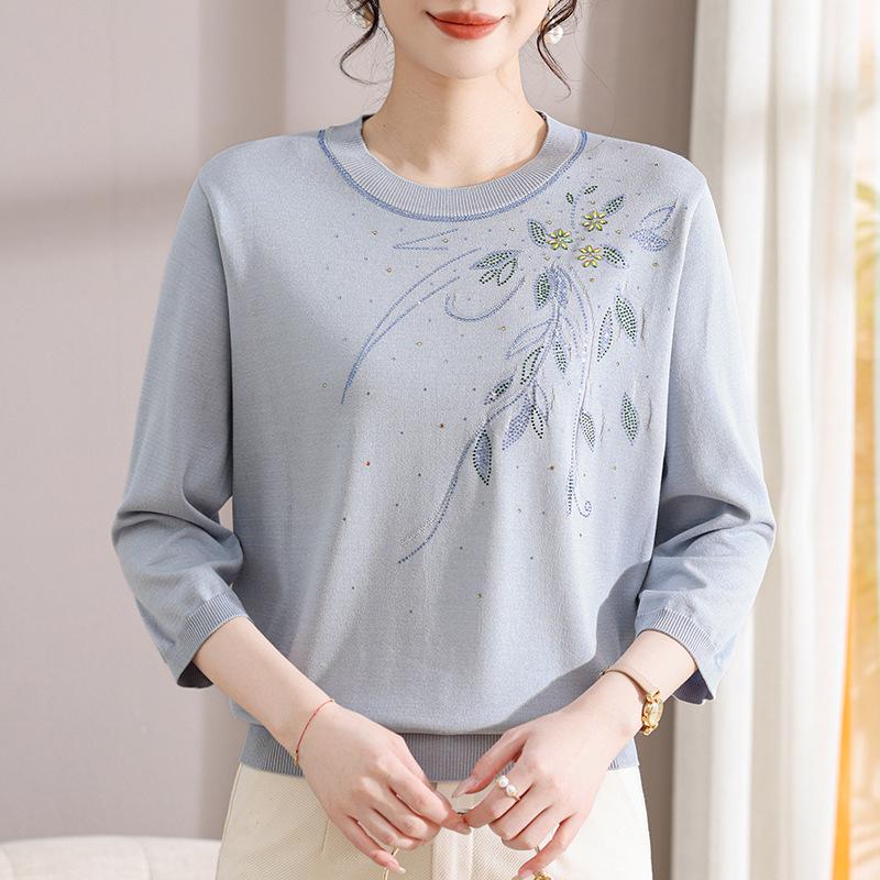 

2026 Stylish Chinese Print Ice Silk T-shirt: Round Neck, Short Sleeve, Summer Top for Mom 2XL (suggested for 115-135 jin)