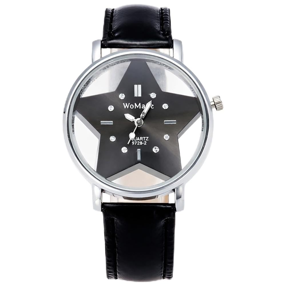 ZooooM Star Design Analog Quartz Watch Black Faux Leather Band Unisex Fashion Timepiece