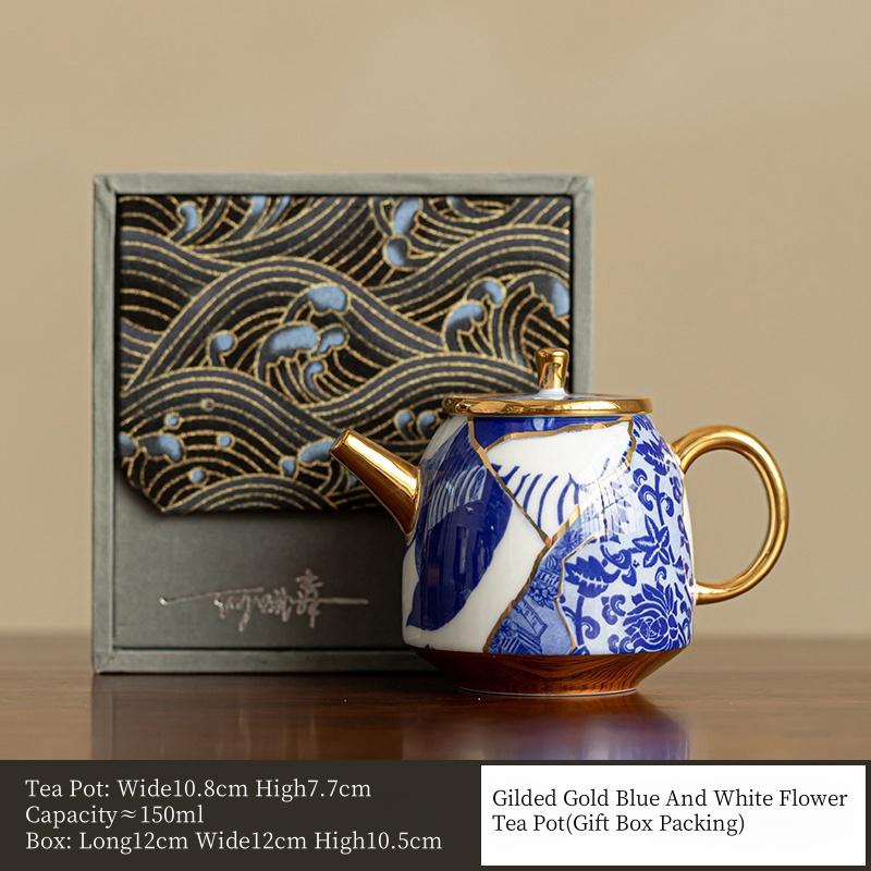 150ml Master He Fusen Hand Made Blue And White Blossom Tea Pot Gilded Gold Tea Set Blue and White Tea Kettle Kung Fu Tea Set
