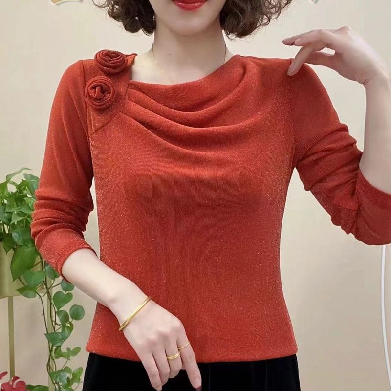 Women's Spring Fashion Tie Flowers Solid Pill Collar Long Sleeve Pullover Ruched Bright Silk Loose T-shirts Bottom Tops