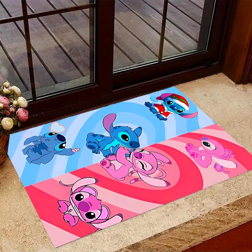 Stitch Adventure In Flowers Disney Cartoon Theme Anti-Slip Rug - Polyester, Home Decor, Suitable for Bedrooms, Living Rooms, Doorways, and Studios