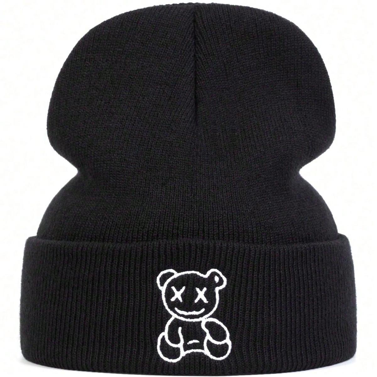 

Ladies Cute Little Bear Cartoon Embroidery Knitted Hat Men Leisure Travel Winter Hats Beanies Cap Hip Hop Caps чорний