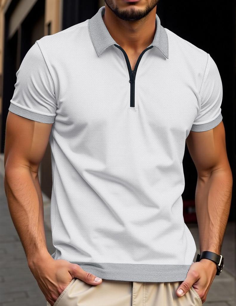 Men's Casual Spring and Summer Polo Shirt Zipper New Color Matching Short-sleeved T-shirt Top