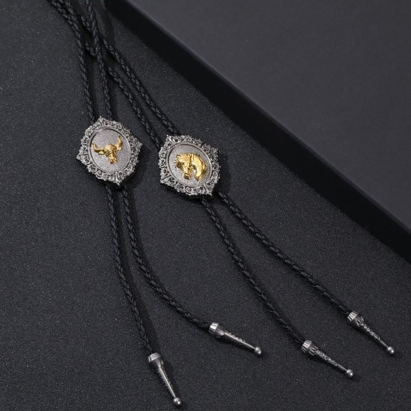 Handmade Jewelry Bolo Tie Western Cowboy Artificial Leather Rope Necktie with Vintage Cow Horse Badge Pendant Necklace